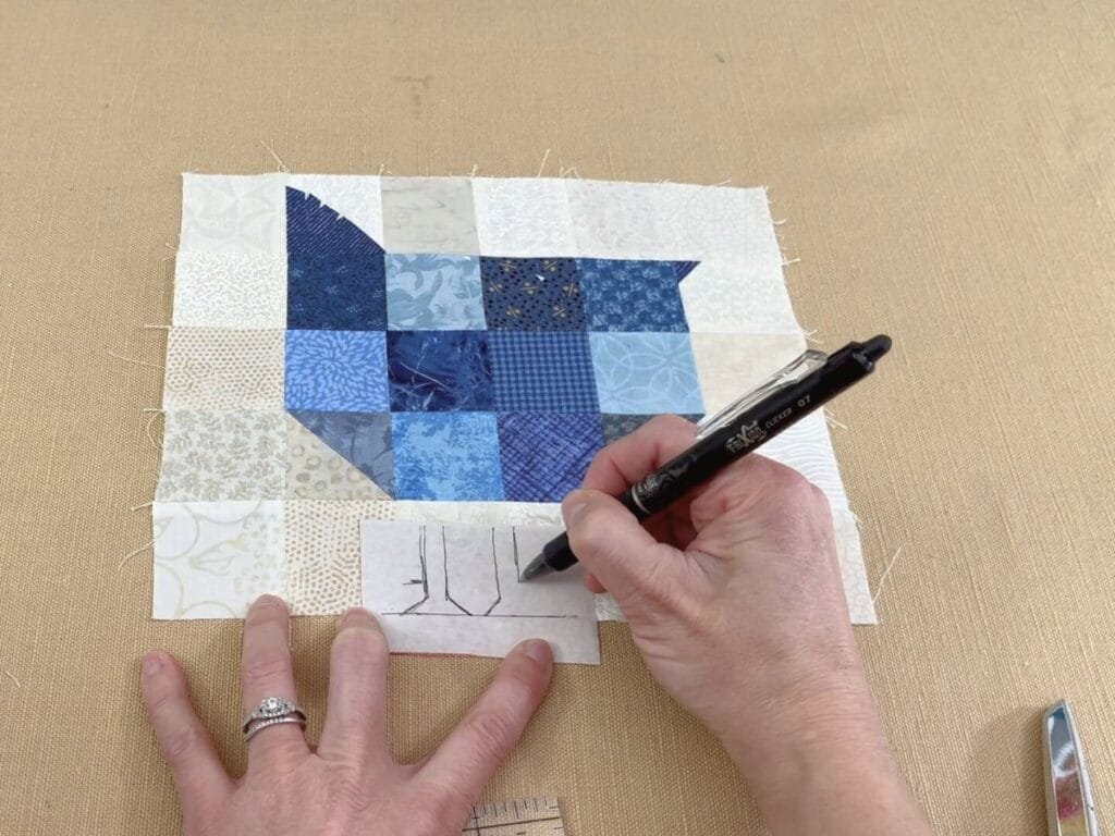 drawing out the chicken feet for the quilt block