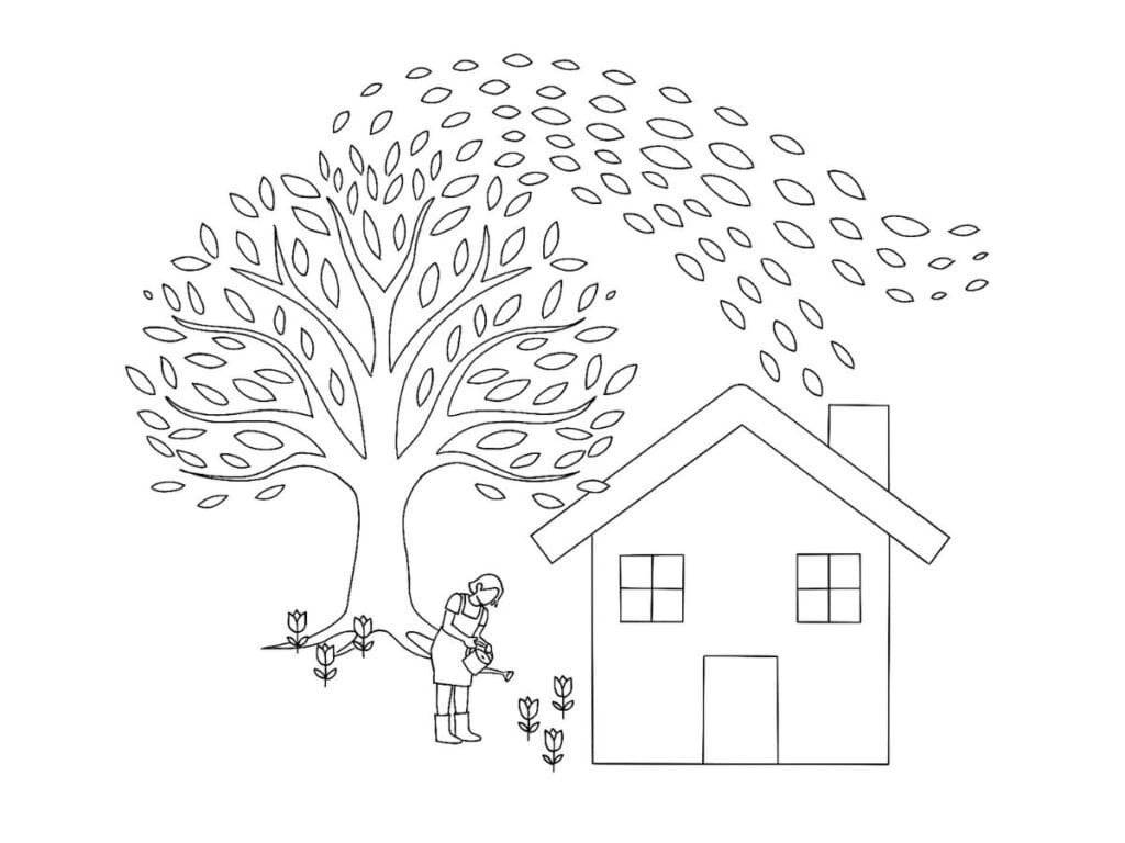 hand embroidery pattern of a woman, tree, tulips and house