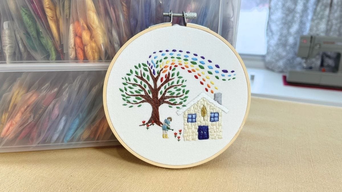Small Hand Embroidery Pattern: Tulips, a Home, and Rainbow Leaves