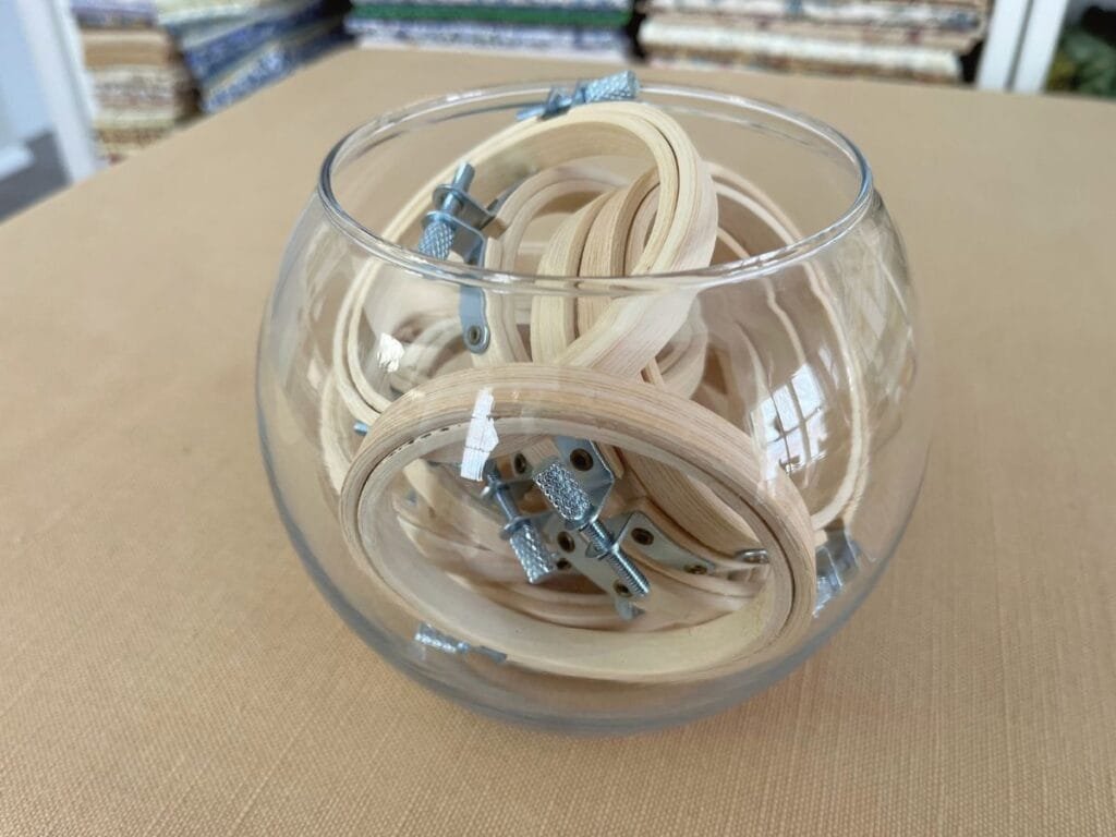 My hand embroidery supplies include a collection of 4 inch hoops.