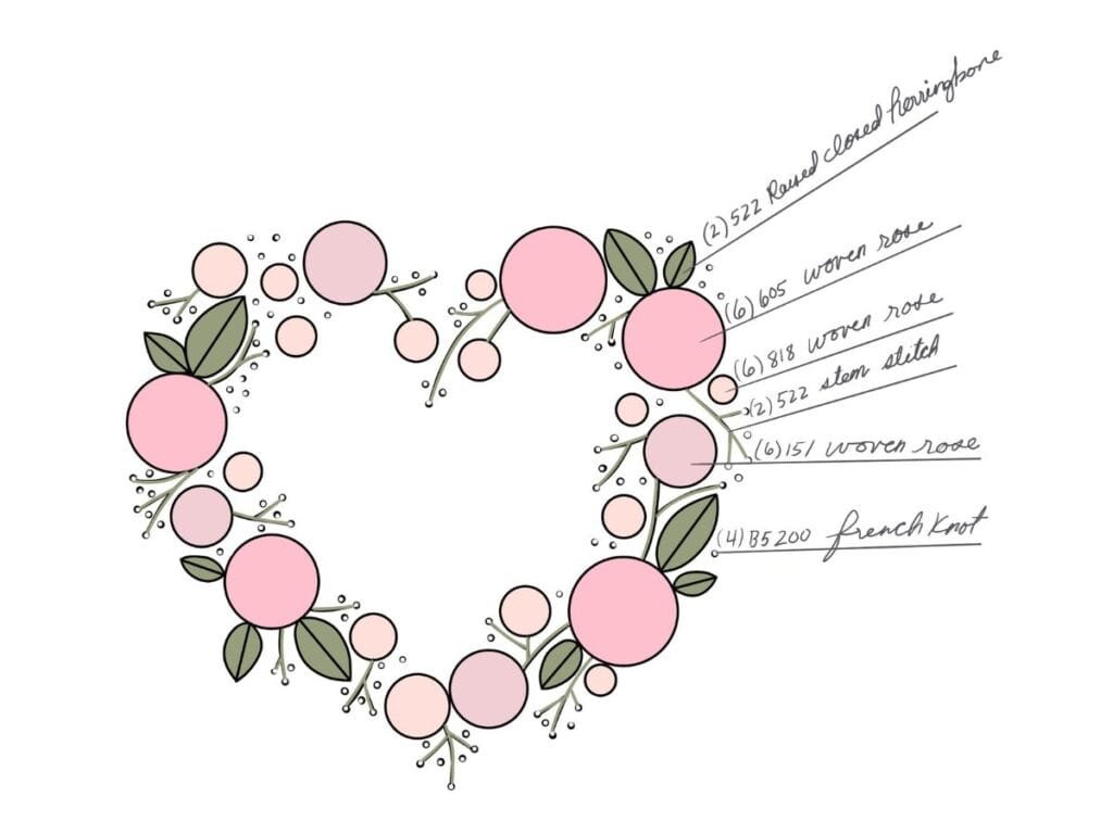 Woven rose heart embroidery pattern DMC colors.