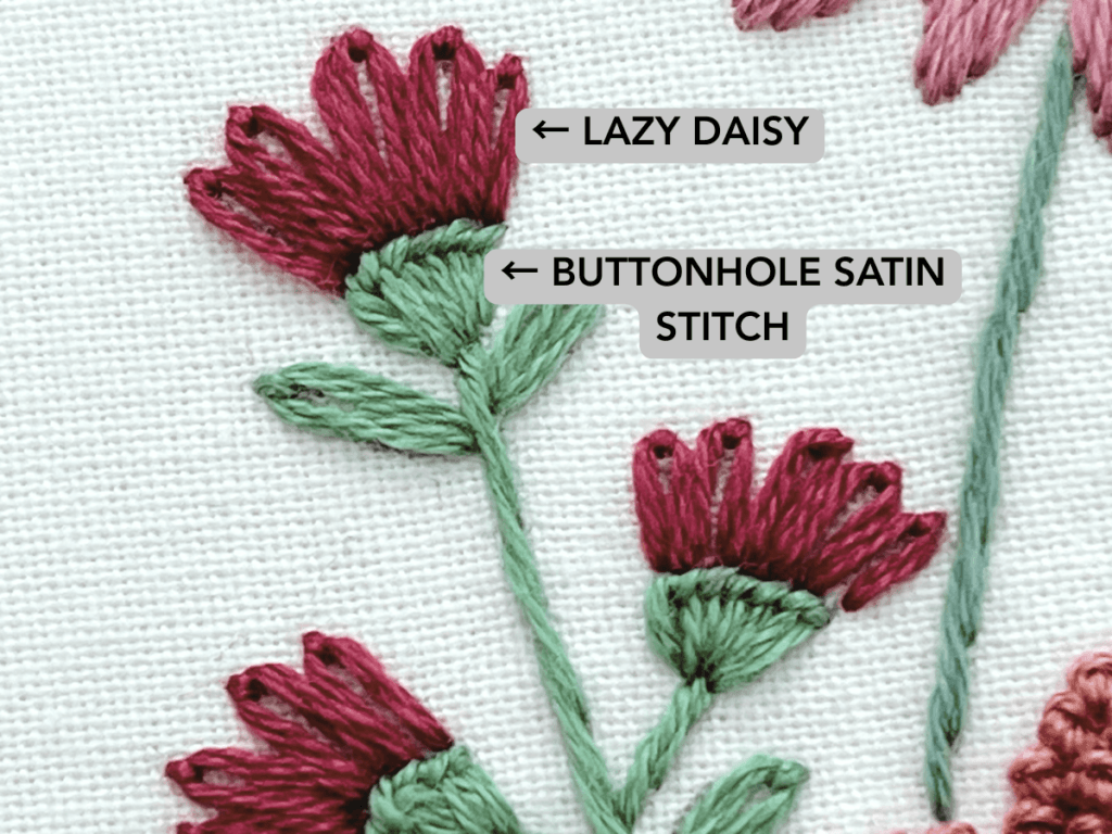 lazy daisy stitch and buttonhole satin stitch