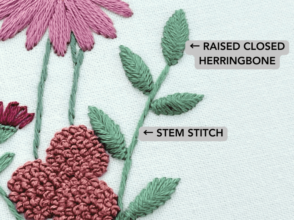 raised herringbone stitch and stem stitch