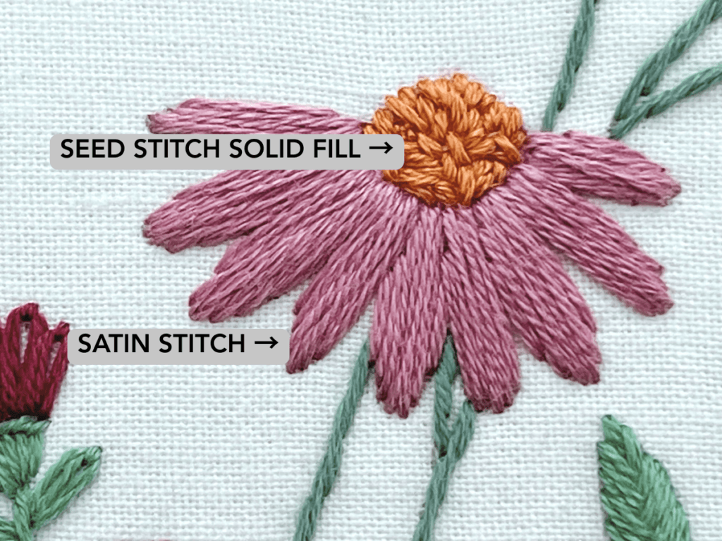 seed stitch solid fill and satin stitch petals