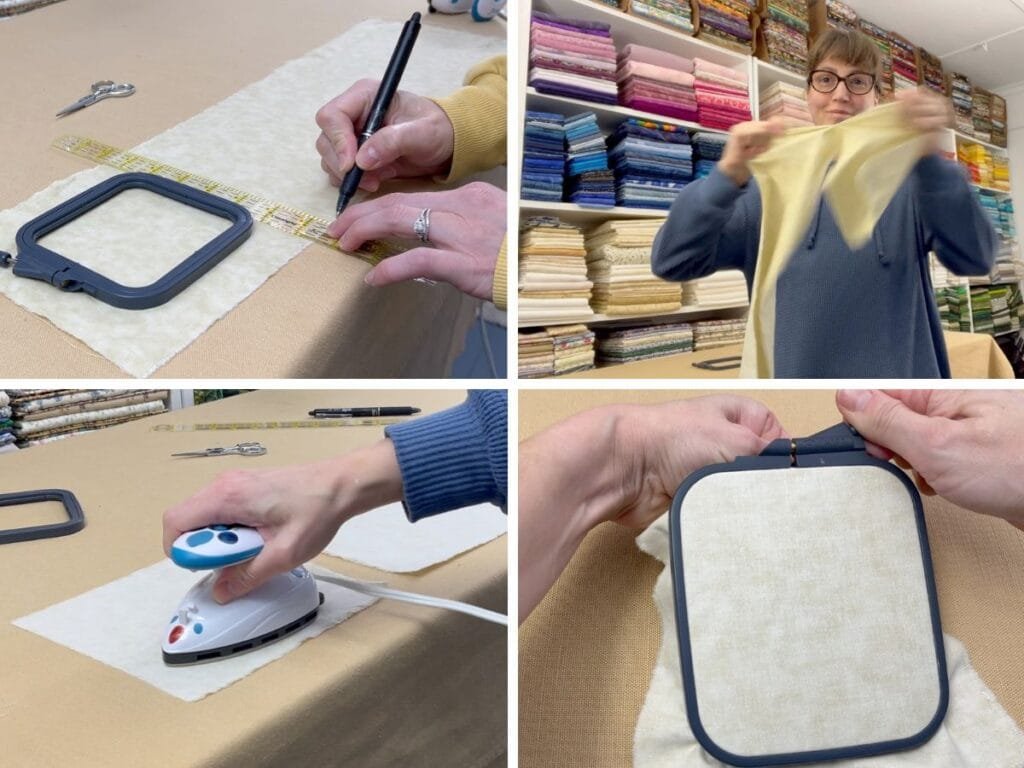 Prepping fabric for my Rectangular Plastic Nurge Hoop.