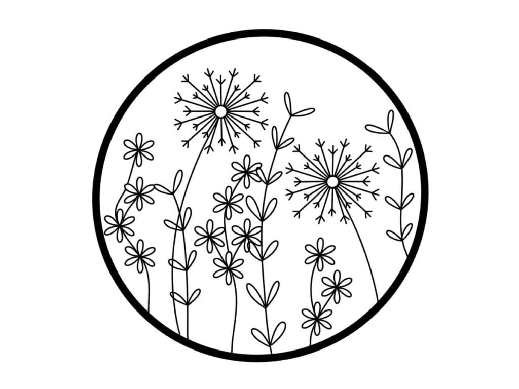 Line drawing of wild flowers hand embroidery pattern.