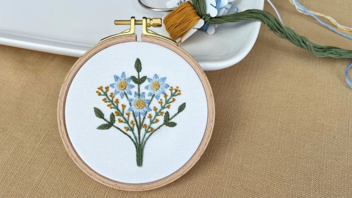 Quick Floral Hand Embroidery Pattern in Blue and Yellow